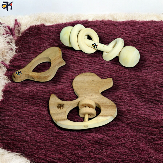 Sparrow Teether , duck rattle & dumbell rattle colored